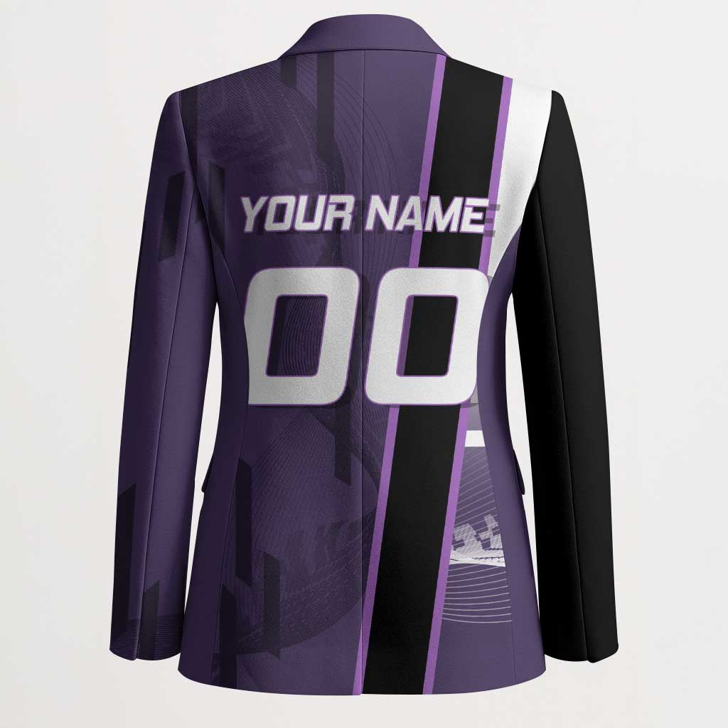 Personalized Shinazugawa Genya Demon Slayer Badminton Blazer with Racket Action Pose and Purple White Graphic Design - The Mazicc