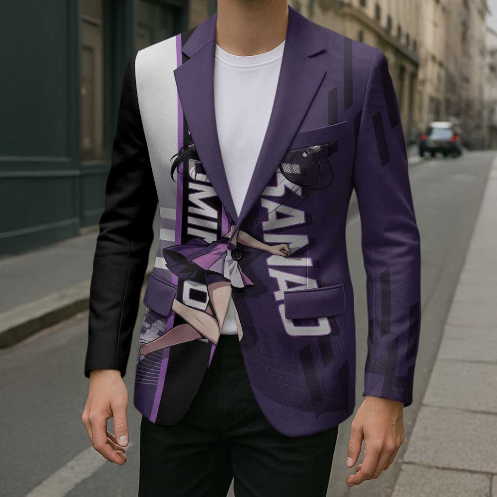 Personalized Shinazugawa Genya Demon Slayer Badminton Blazer with Racket Action Pose and Purple White Graphic Design - The Mazicc