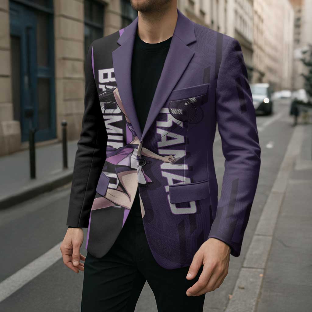 Personalized Shinazugawa Genya Demon Slayer Badminton Blazer with Racket Action Pose and Purple White Graphic Design - The Mazicc