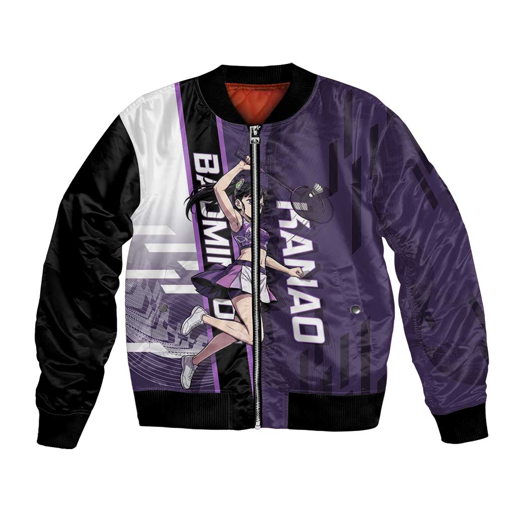 Personalized Shinazugawa Genya Demon Slayer Badminton Bomber Jacket with Racket Action Pose and Purple White Graphic Design - The Mazicc