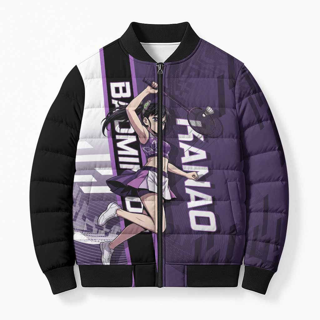 Personalized Shinazugawa Genya Demon Slayer Badminton Bomber Puffer Jacket with Racket Action Pose and Purple White Graphic Design - The Mazicc
