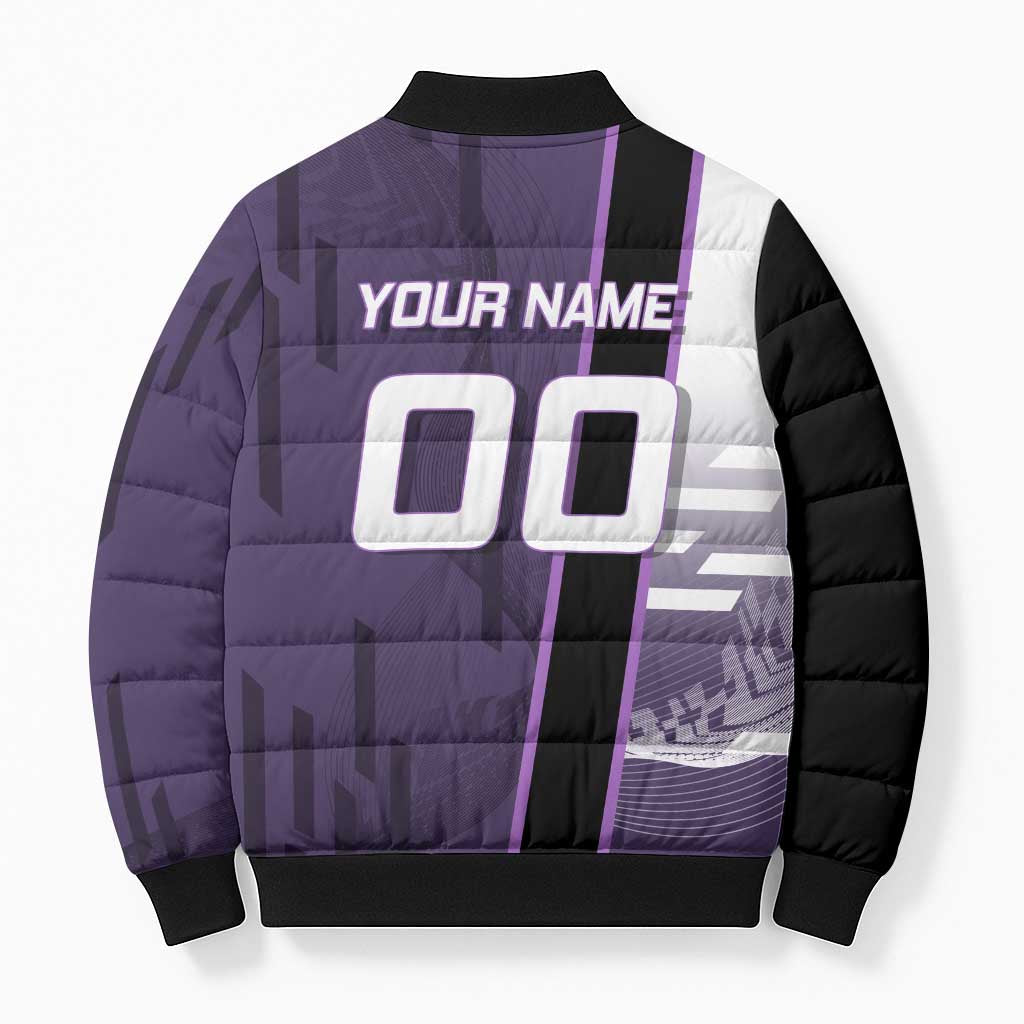 Personalized Shinazugawa Genya Demon Slayer Badminton Bomber Puffer Jacket with Racket Action Pose and Purple White Graphic Design - The Mazicc