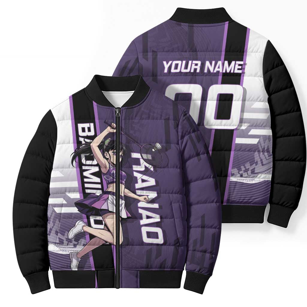 Personalized Shinazugawa Genya Demon Slayer Badminton Bomber Puffer Jacket with Racket Action Pose and Purple White Graphic Design - The Mazicc