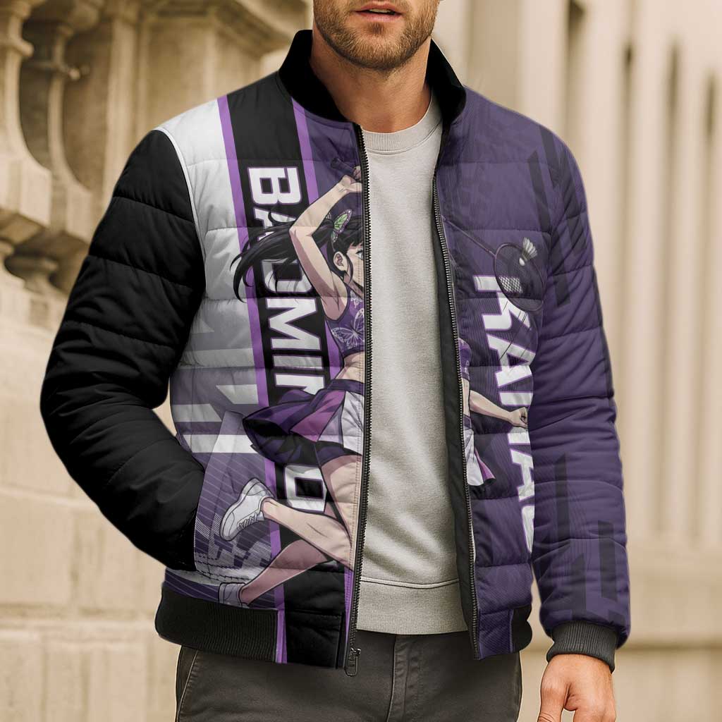 Personalized Shinazugawa Genya Demon Slayer Badminton Bomber Puffer Jacket with Racket Action Pose and Purple White Graphic Design - The Mazicc