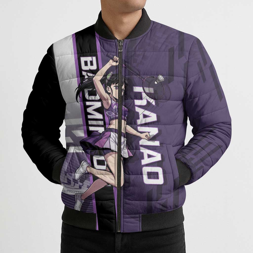 Personalized Shinazugawa Genya Demon Slayer Badminton Bomber Puffer Jacket with Racket Action Pose and Purple White Graphic Design - The Mazicc