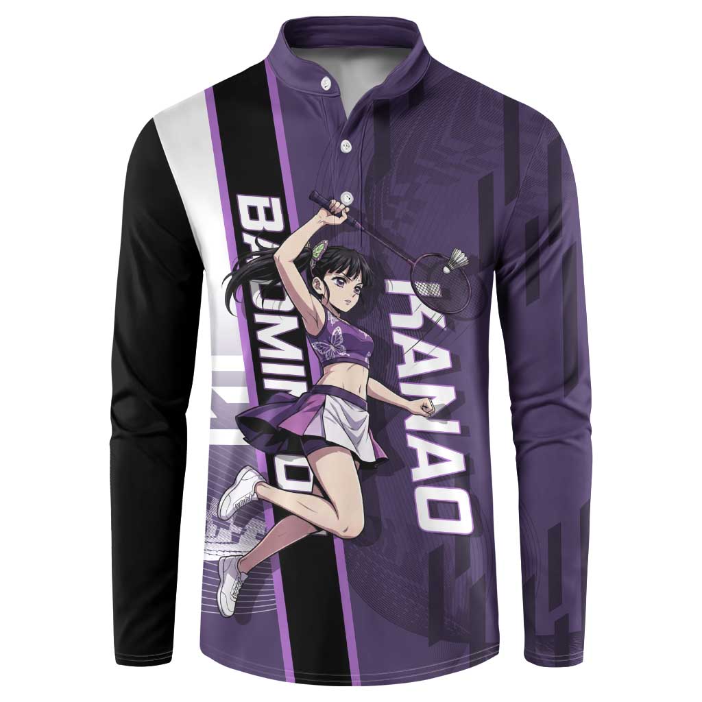 Personalized Shinazugawa Genya Demon Slayer Badminton Button Sweatshirt with Racket Action Pose and Purple White Graphic Design - The Mazicc