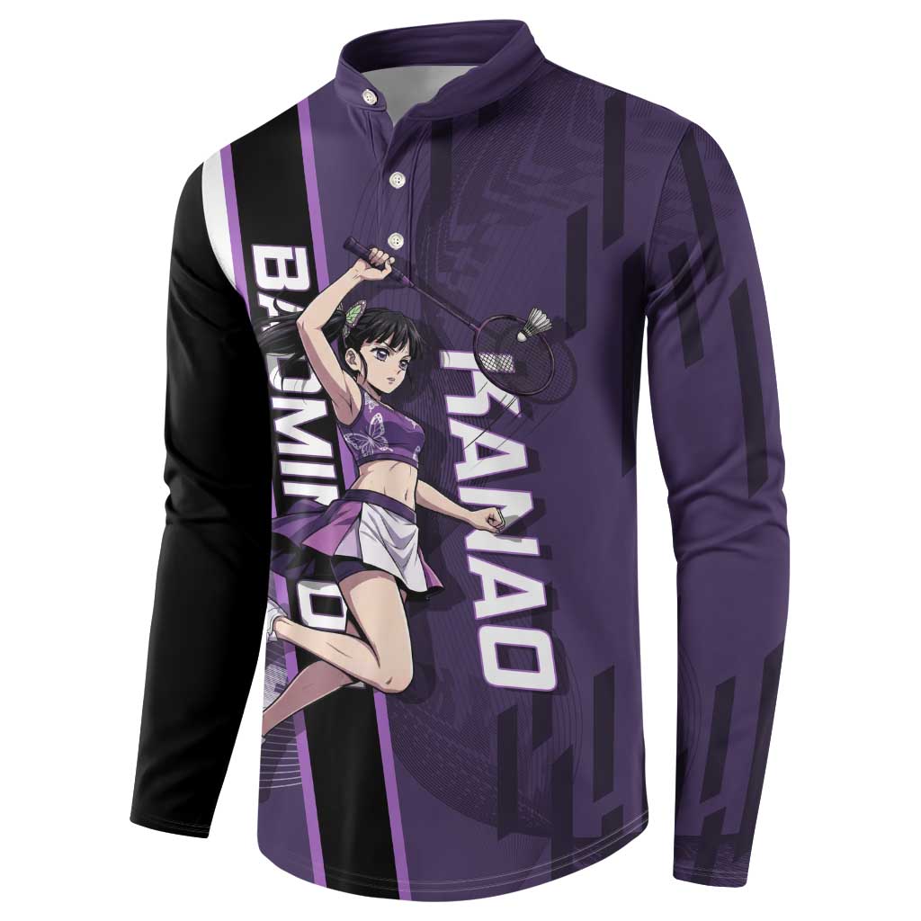 Personalized Shinazugawa Genya Demon Slayer Badminton Button Sweatshirt with Racket Action Pose and Purple White Graphic Design - The Mazicc