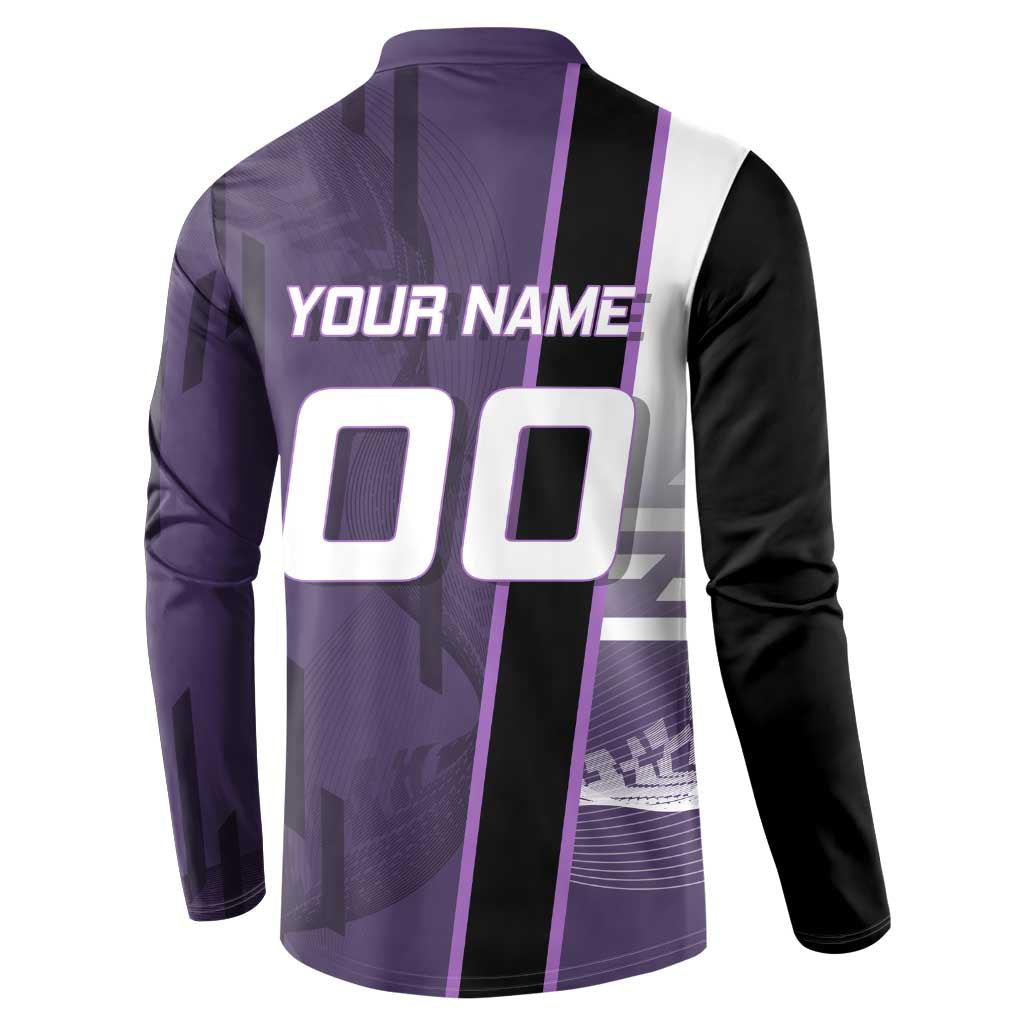 Personalized Shinazugawa Genya Demon Slayer Badminton Button Sweatshirt with Racket Action Pose and Purple White Graphic Design - The Mazicc