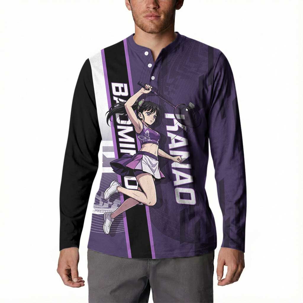 Personalized Shinazugawa Genya Demon Slayer Badminton Button Sweatshirt with Racket Action Pose and Purple White Graphic Design - The Mazicc