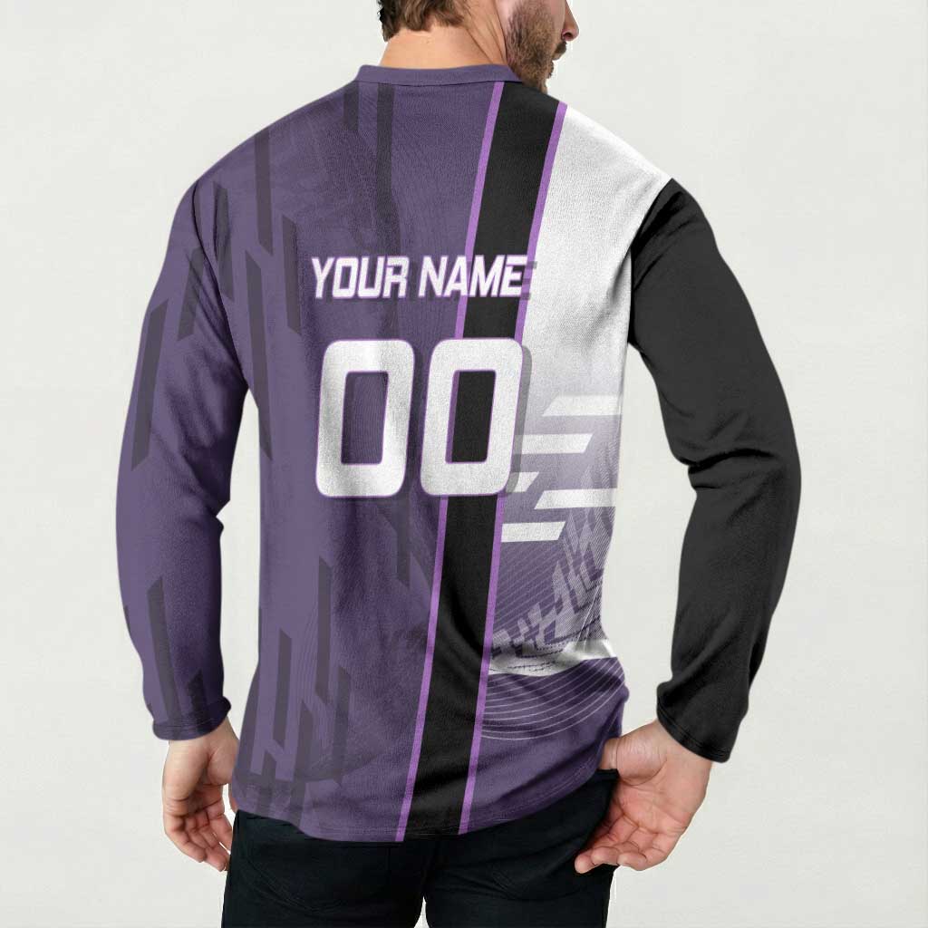 Personalized Shinazugawa Genya Demon Slayer Badminton Button Sweatshirt with Racket Action Pose and Purple White Graphic Design - The Mazicc