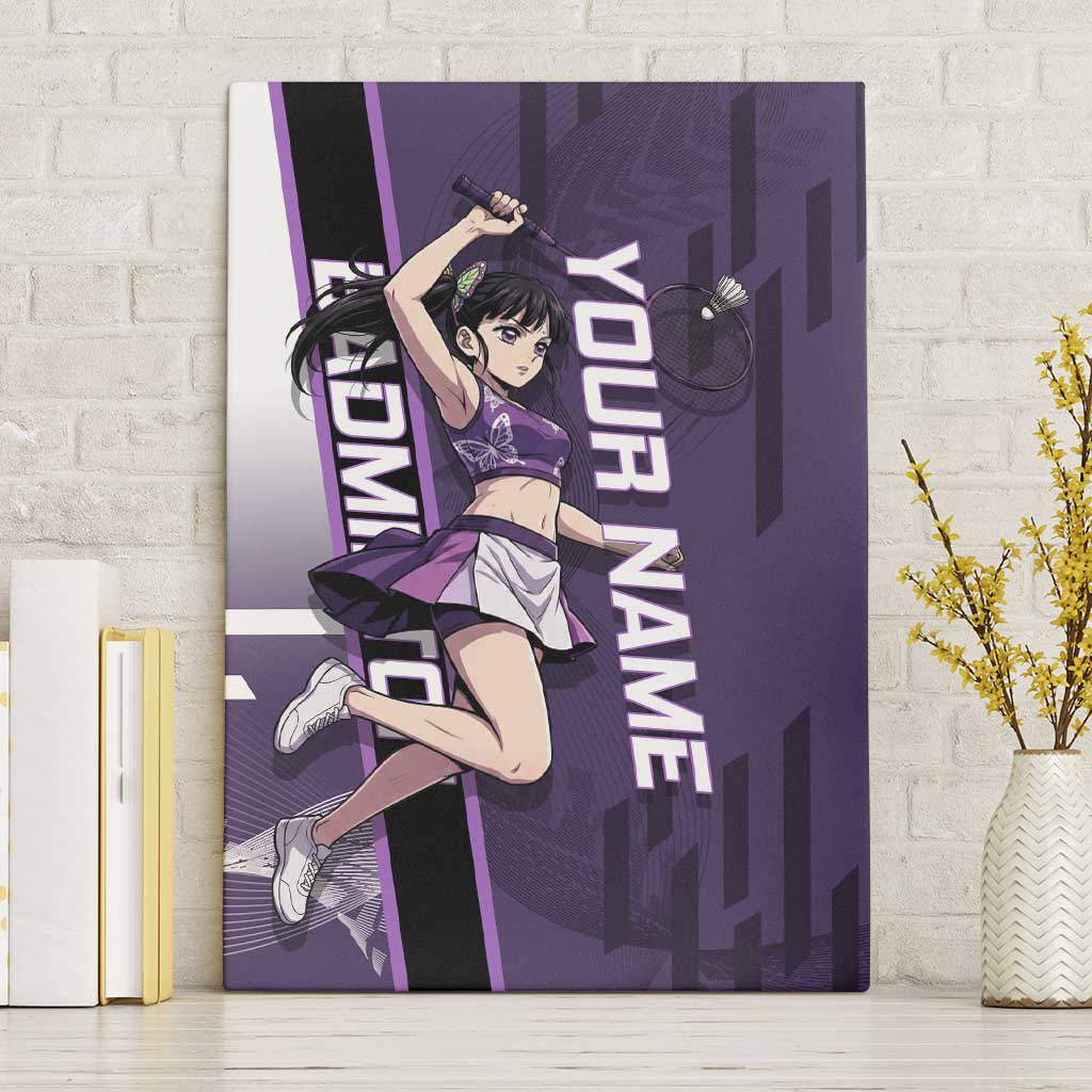 Personalized Shinazugawa Genya Demon Slayer Badminton Canvas Wall Art with Racket Action Pose and Purple White Graphic Design - The Mazicc