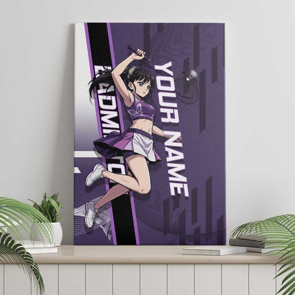 Personalized Shinazugawa Genya Demon Slayer Badminton Canvas Wall Art with Racket Action Pose and Purple White Graphic Design - The Mazicc