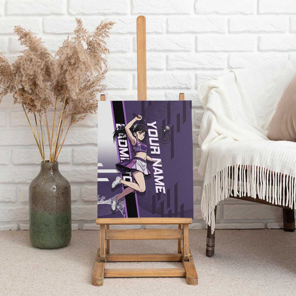 Personalized Shinazugawa Genya Demon Slayer Badminton Canvas Wall Art with Racket Action Pose and Purple White Graphic Design - The Mazicc