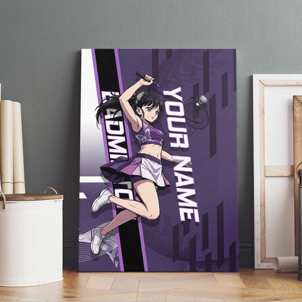 Personalized Shinazugawa Genya Demon Slayer Badminton Canvas Wall Art with Racket Action Pose and Purple White Graphic Design - The Mazicc