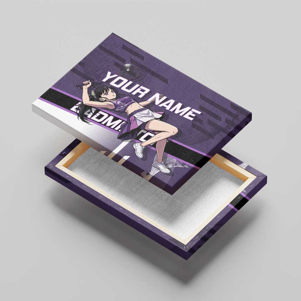 Personalized Shinazugawa Genya Demon Slayer Badminton Canvas Wall Art with Racket Action Pose and Purple White Graphic Design - The Mazicc