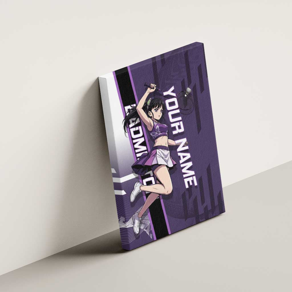 Personalized Shinazugawa Genya Demon Slayer Badminton Canvas Wall Art with Racket Action Pose and Purple White Graphic Design - The Mazicc