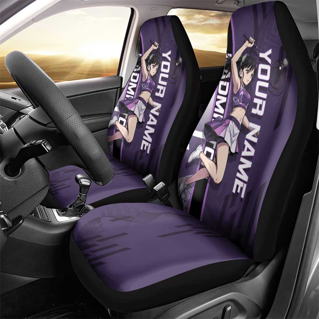 Personalized Shinazugawa Genya Demon Slayer Badminton Car Seat Cover with Racket Action Pose and Purple White Graphic Design - The Mazicc