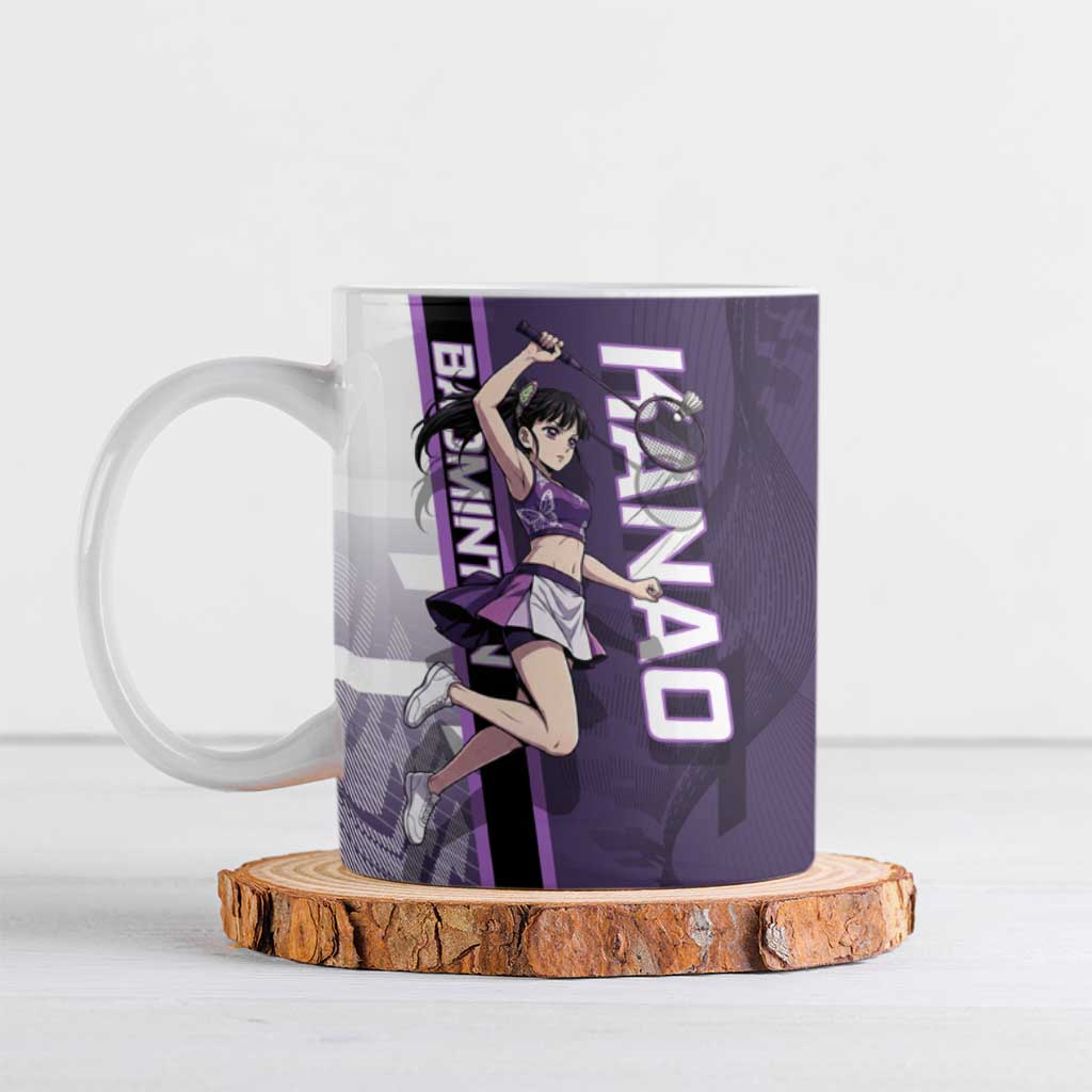 Personalized Shinazugawa Genya Demon Slayer Badminton Ceramic Mug with Racket Action Pose and Purple White Graphic Design - The Mazicc