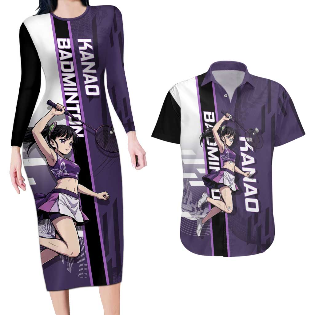 Personalized Shinazugawa Genya Demon Slayer Badminton Couples Matching Long Sleeve Bodycon Dress and Hawaiian Shirt with Racket Action Pose and Purple White Graphic Design - The Mazicc