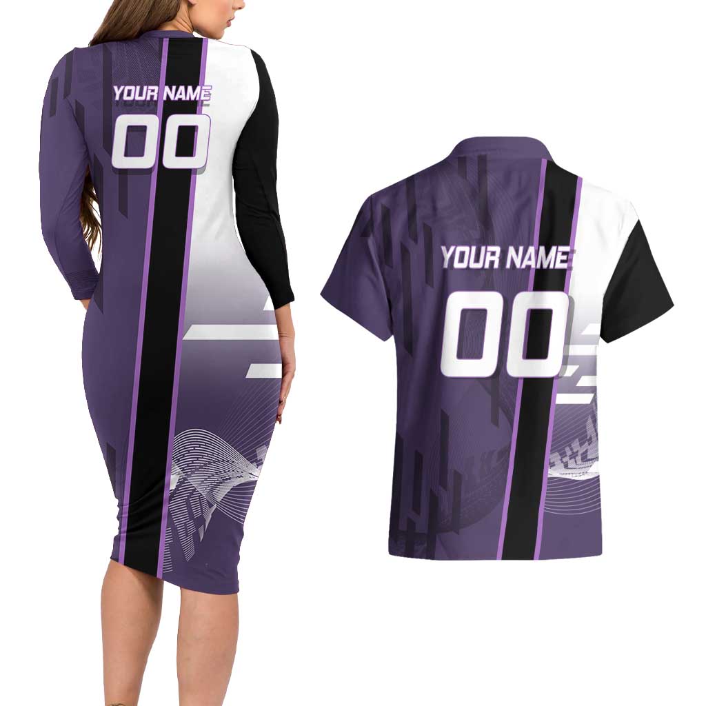Personalized Shinazugawa Genya Demon Slayer Badminton Couples Matching Long Sleeve Bodycon Dress and Hawaiian Shirt with Racket Action Pose and Purple White Graphic Design - The Mazicc