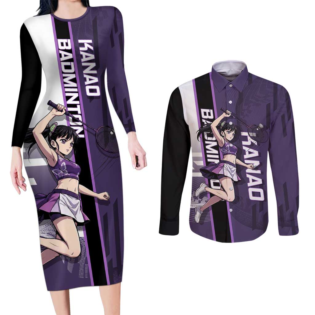 Personalized Shinazugawa Genya Demon Slayer Badminton Couples Matching Long Sleeve Bodycon Dress and Long Sleeve Button Shirt with Racket Action Pose and Purple White Graphic Design - The Mazicc