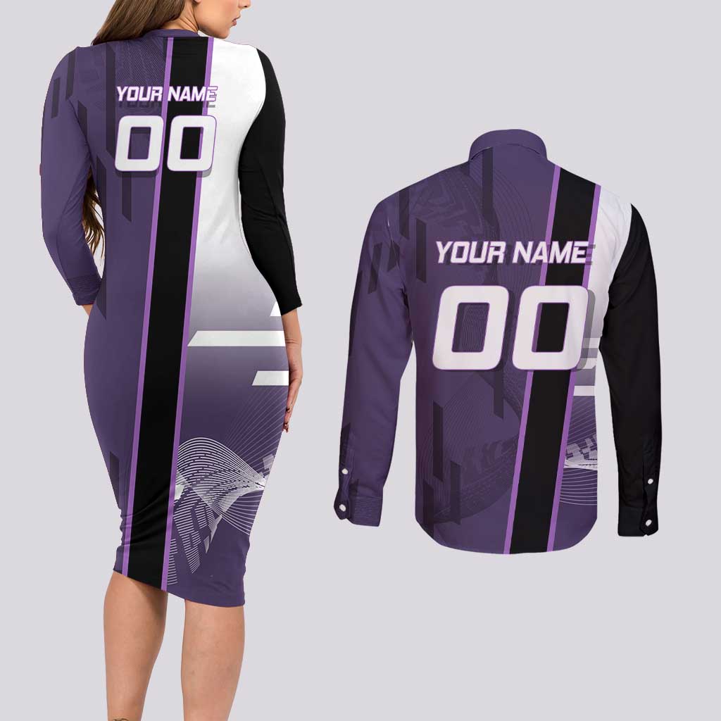 Personalized Shinazugawa Genya Demon Slayer Badminton Couples Matching Long Sleeve Bodycon Dress and Long Sleeve Button Shirt with Racket Action Pose and Purple White Graphic Design - The Mazicc