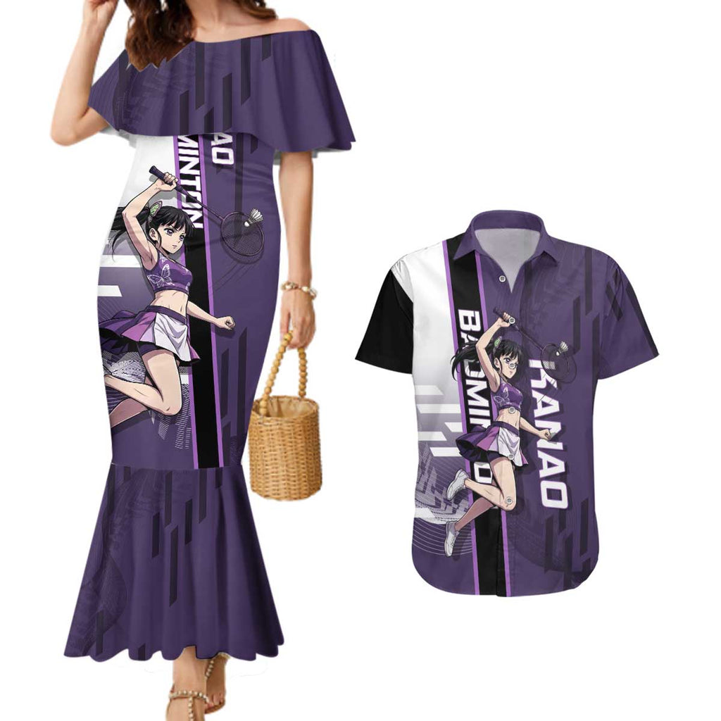 Personalized Shinazugawa Genya Demon Slayer Badminton Couples Matching Mermaid Dress and Hawaiian Shirt with Racket Action Pose and Purple White Graphic Design - The Mazicc