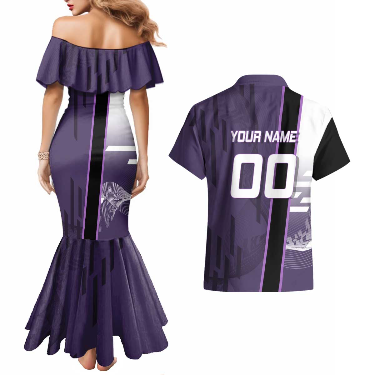 Personalized Shinazugawa Genya Demon Slayer Badminton Couples Matching Mermaid Dress and Hawaiian Shirt with Racket Action Pose and Purple White Graphic Design - The Mazicc