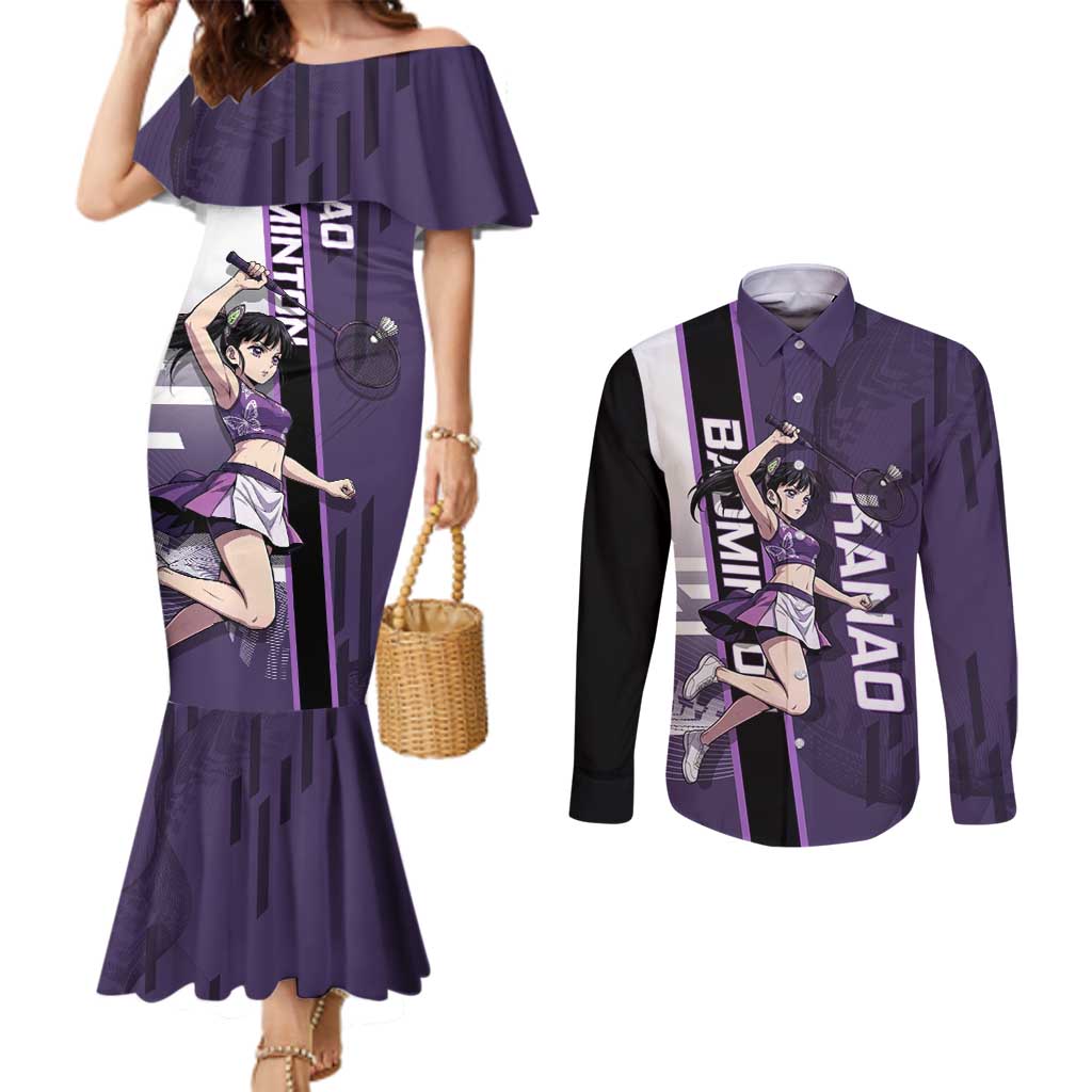 Personalized Shinazugawa Genya Demon Slayer Badminton Couples Matching Mermaid Dress and Long Sleeve Button Shirt with Racket Action Pose and Purple White Graphic Design - The Mazicc