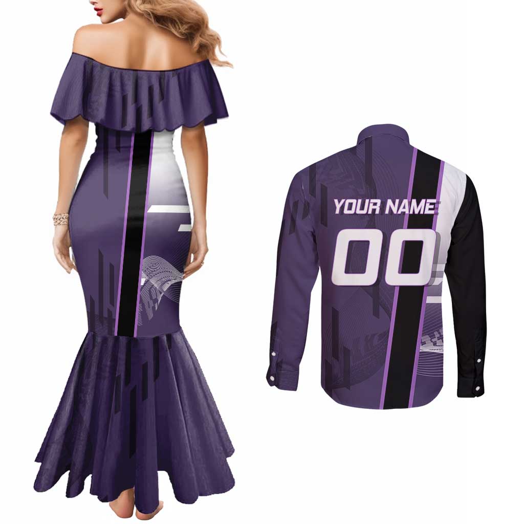 Personalized Shinazugawa Genya Demon Slayer Badminton Couples Matching Mermaid Dress and Long Sleeve Button Shirt with Racket Action Pose and Purple White Graphic Design - The Mazicc