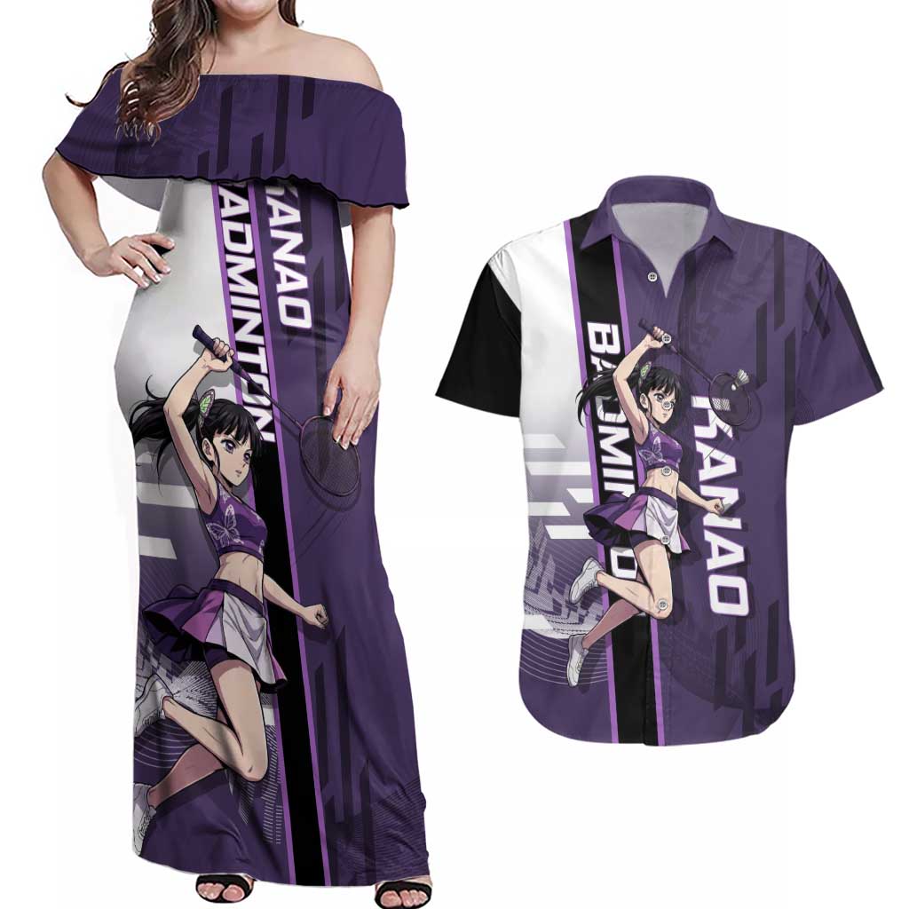 Personalized Shinazugawa Genya Demon Slayer Badminton Couples Matching Off Shoulder Maxi Dress and Hawaiian Shirt with Racket Action Pose and Purple White Graphic Design - The Mazicc
