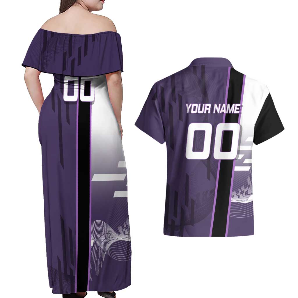 Personalized Shinazugawa Genya Demon Slayer Badminton Couples Matching Off Shoulder Maxi Dress and Hawaiian Shirt with Racket Action Pose and Purple White Graphic Design - The Mazicc