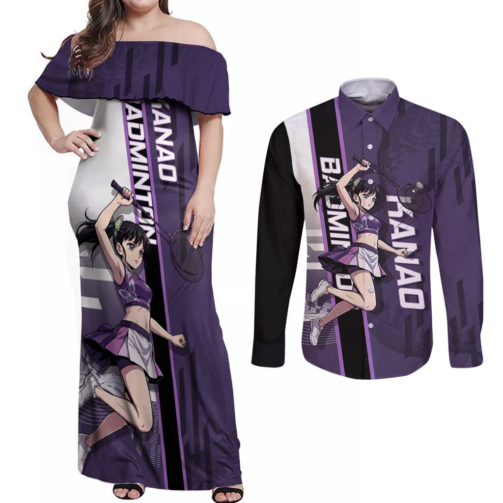 Personalized Shinazugawa Genya Demon Slayer Badminton Couples Matching Off Shoulder Maxi Dress and Long Sleeve Button Shirt with Racket Action Pose and Purple White Graphic Design - The Mazicc