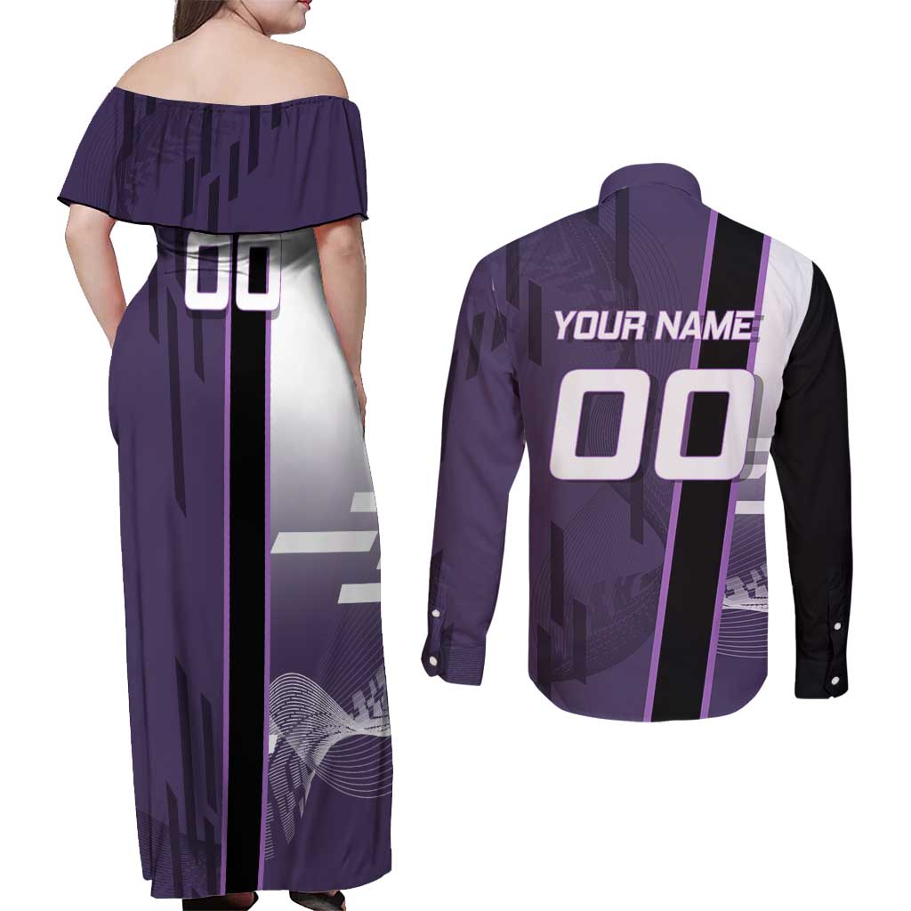 Personalized Shinazugawa Genya Demon Slayer Badminton Couples Matching Off Shoulder Maxi Dress and Long Sleeve Button Shirt with Racket Action Pose and Purple White Graphic Design - The Mazicc