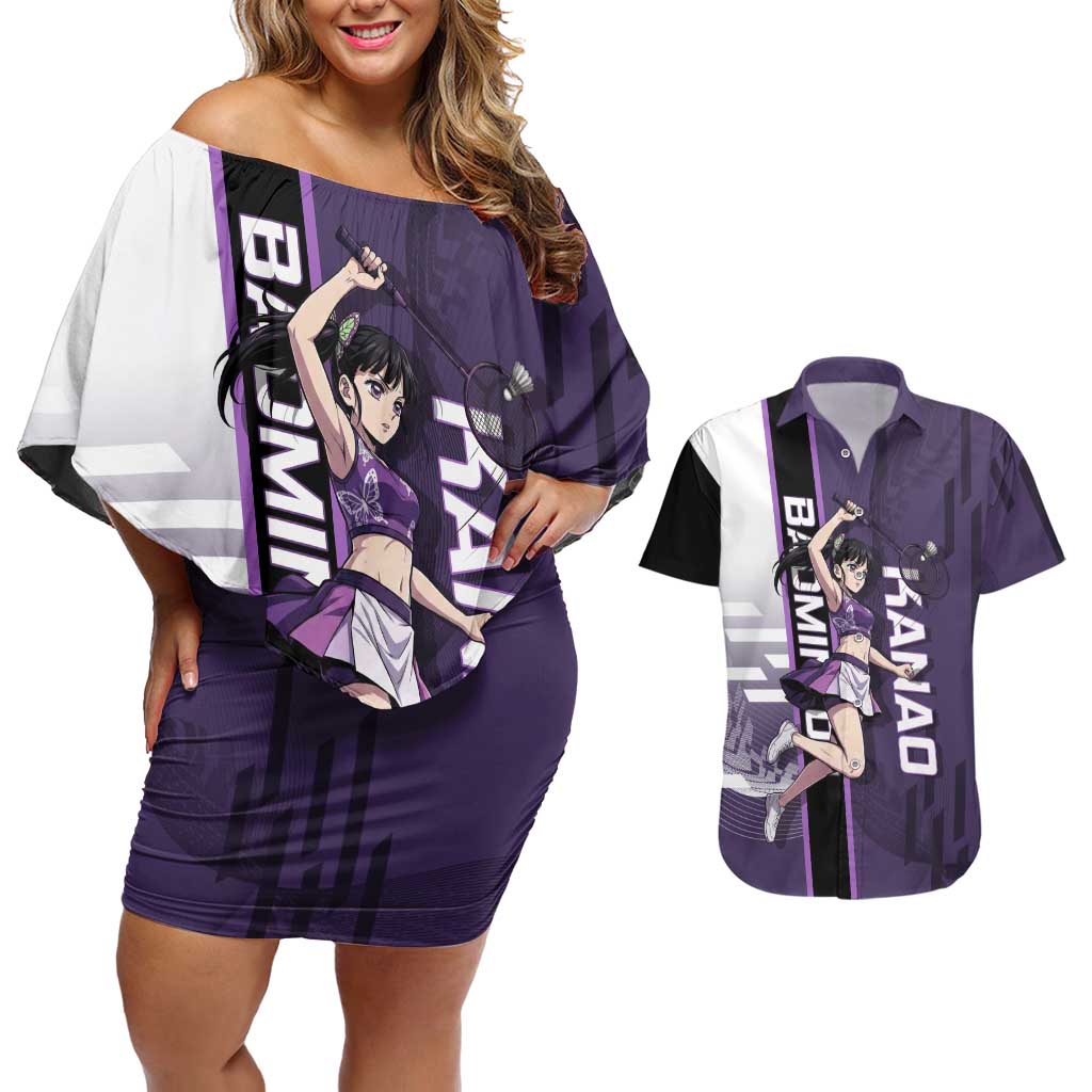 Personalized Shinazugawa Genya Demon Slayer Badminton Couples Matching Off Shoulder Short Dress and Hawaiian Shirt with Racket Action Pose and Purple White Graphic Design - The Mazicc