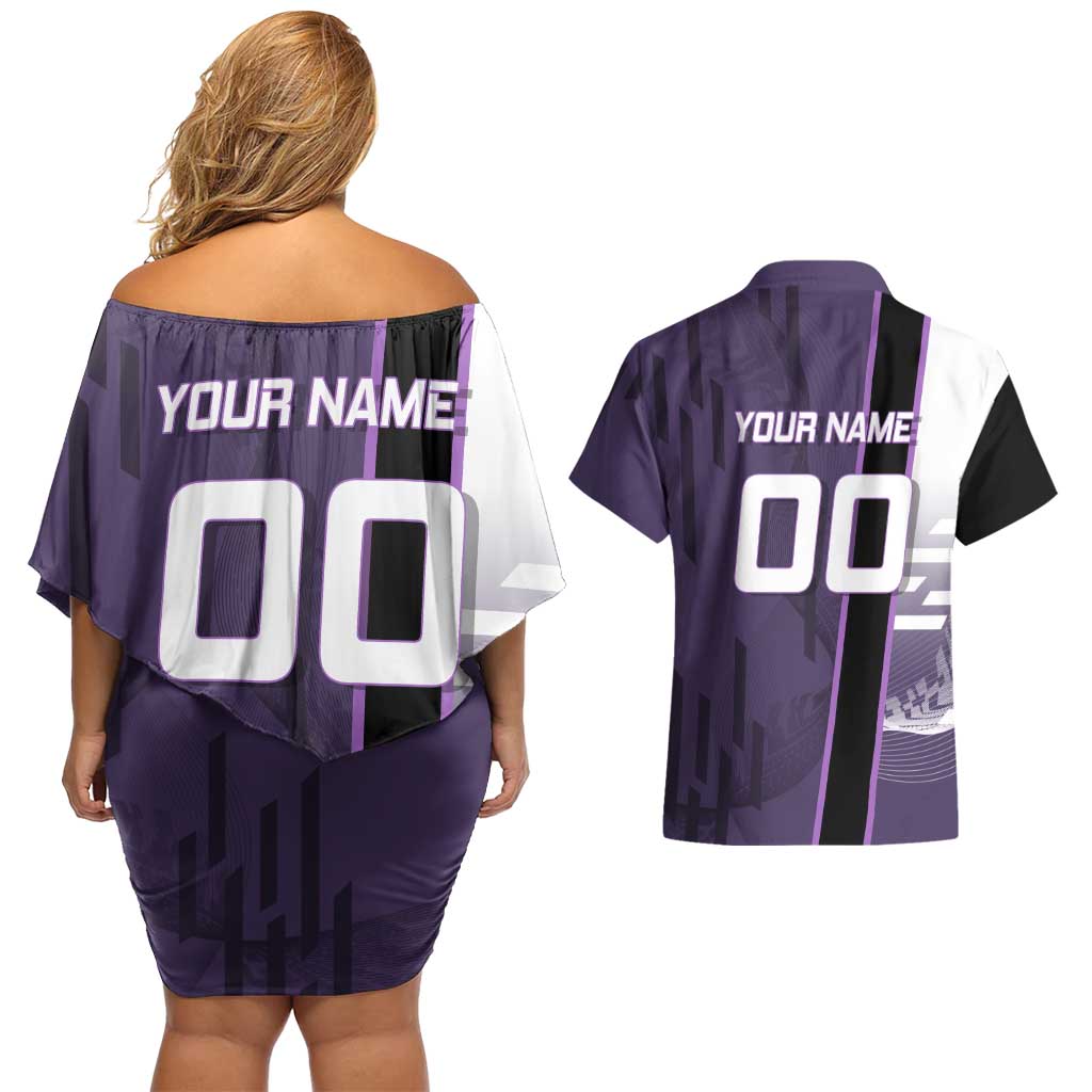 Personalized Shinazugawa Genya Demon Slayer Badminton Couples Matching Off Shoulder Short Dress and Hawaiian Shirt with Racket Action Pose and Purple White Graphic Design - The Mazicc