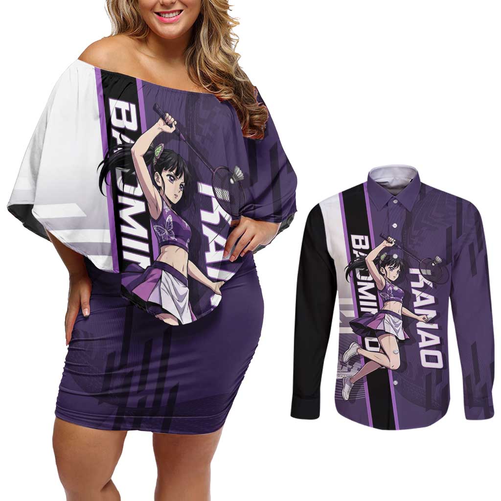 Personalized Shinazugawa Genya Demon Slayer Badminton Couples Matching Off Shoulder Short Dress and Long Sleeve Button Shirt with Racket Action Pose and Purple White Graphic Design - The Mazicc