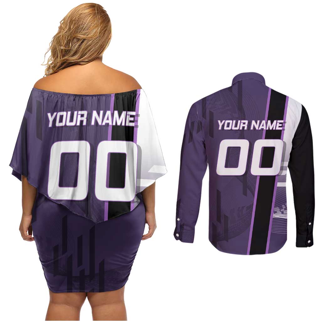 Personalized Shinazugawa Genya Demon Slayer Badminton Couples Matching Off Shoulder Short Dress and Long Sleeve Button Shirt with Racket Action Pose and Purple White Graphic Design - The Mazicc