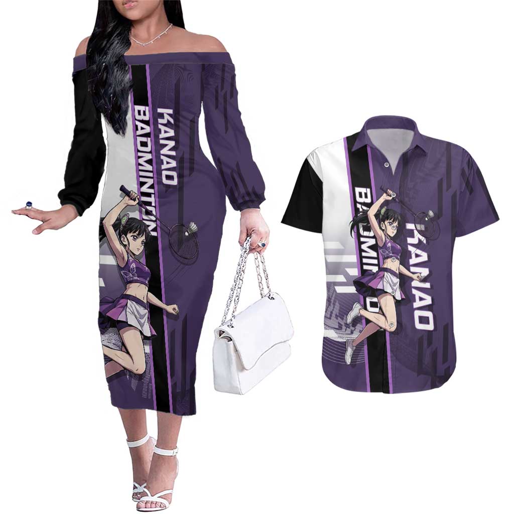 Personalized Shinazugawa Genya Demon Slayer Badminton Couples Matching Off The Shoulder Long Sleeve Dress and Hawaiian Shirt with Racket Action Pose and Purple White Graphic Design - The Mazicc
