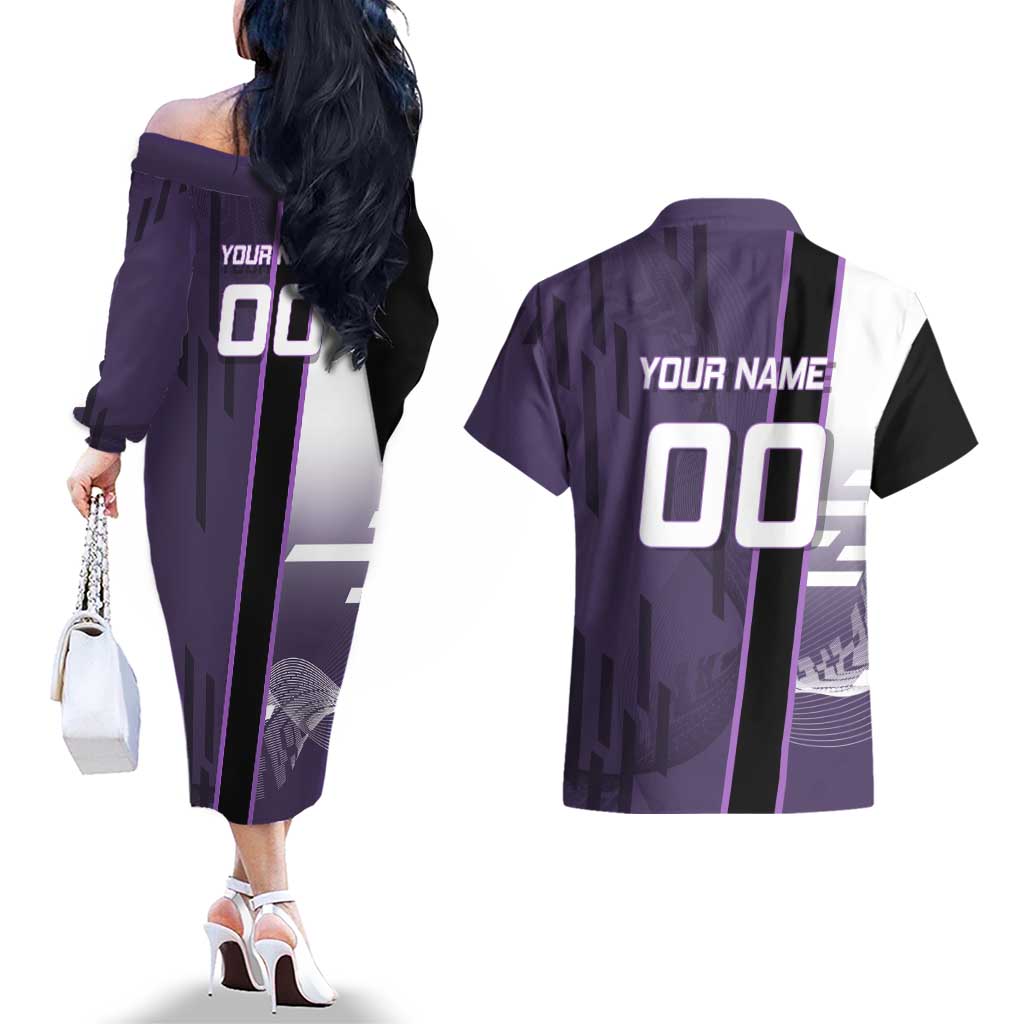 Personalized Shinazugawa Genya Demon Slayer Badminton Couples Matching Off The Shoulder Long Sleeve Dress and Hawaiian Shirt with Racket Action Pose and Purple White Graphic Design - The Mazicc