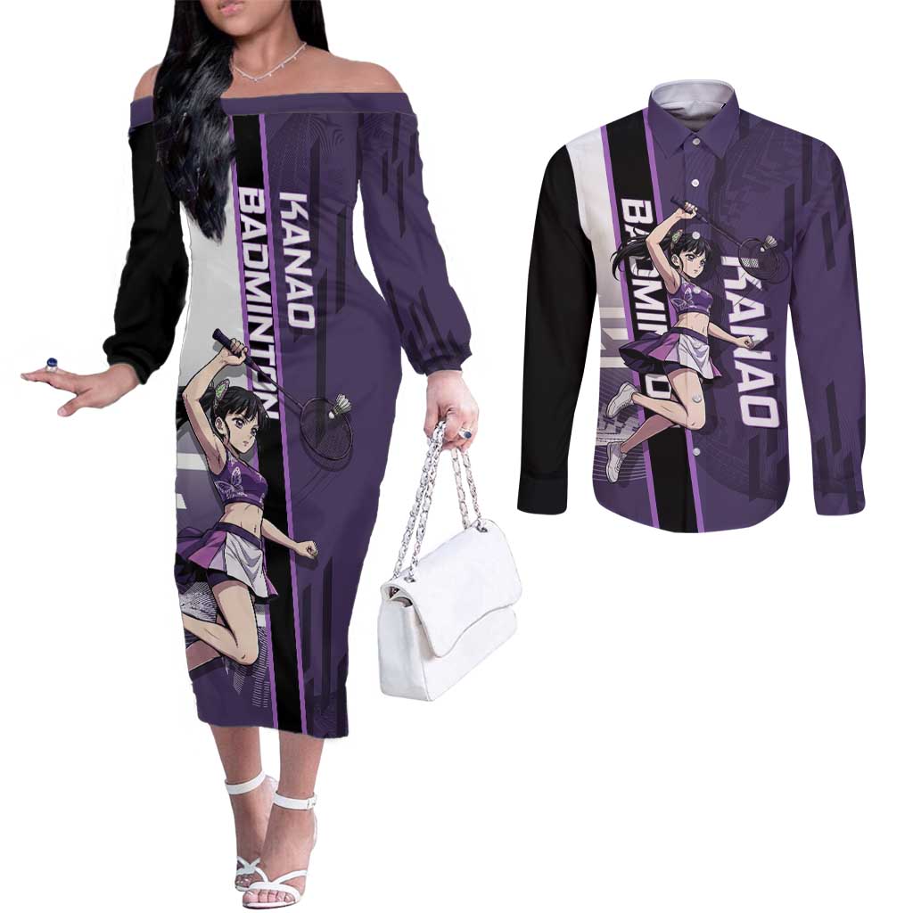 Personalized Shinazugawa Genya Demon Slayer Badminton Couples Matching Off The Shoulder Long Sleeve Dress and Long Sleeve Button Shirt with Racket Action Pose and Purple White Graphic Design - The Mazicc