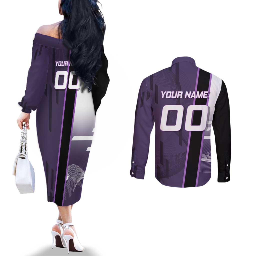 Personalized Shinazugawa Genya Demon Slayer Badminton Couples Matching Off The Shoulder Long Sleeve Dress and Long Sleeve Button Shirt with Racket Action Pose and Purple White Graphic Design - The Mazicc