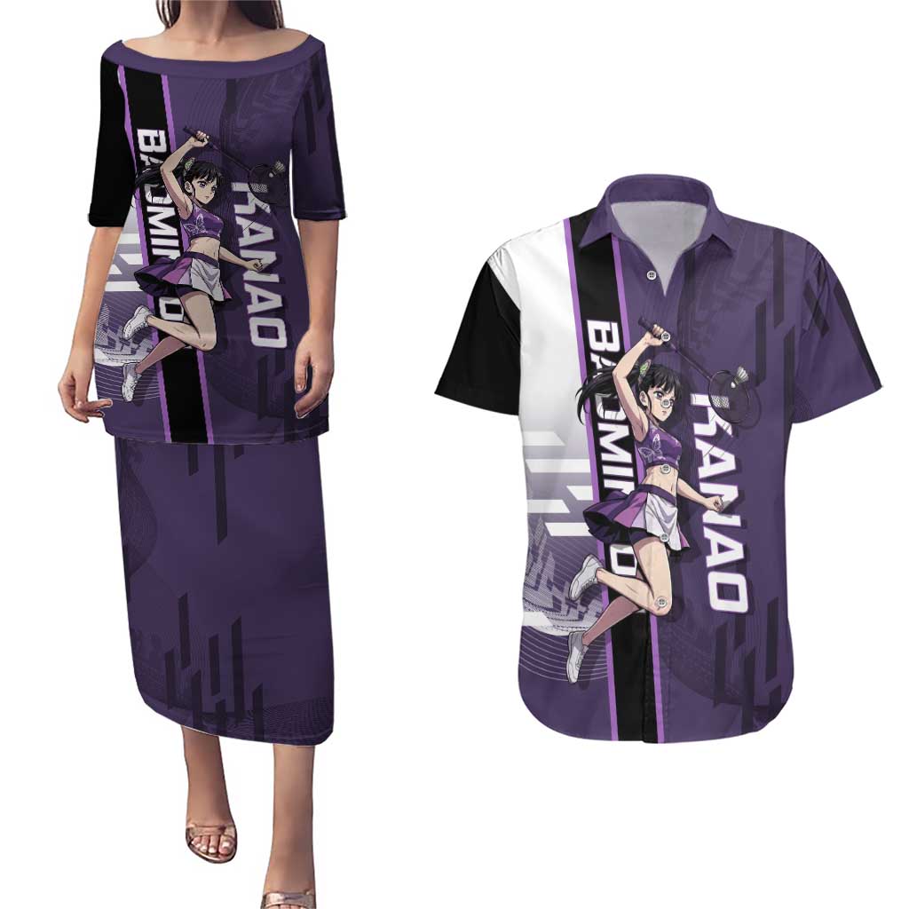 Personalized Shinazugawa Genya Demon Slayer Badminton Couples Matching Puletasi and Hawaiian Shirt with Racket Action Pose and Purple White Graphic Design - The Mazicc