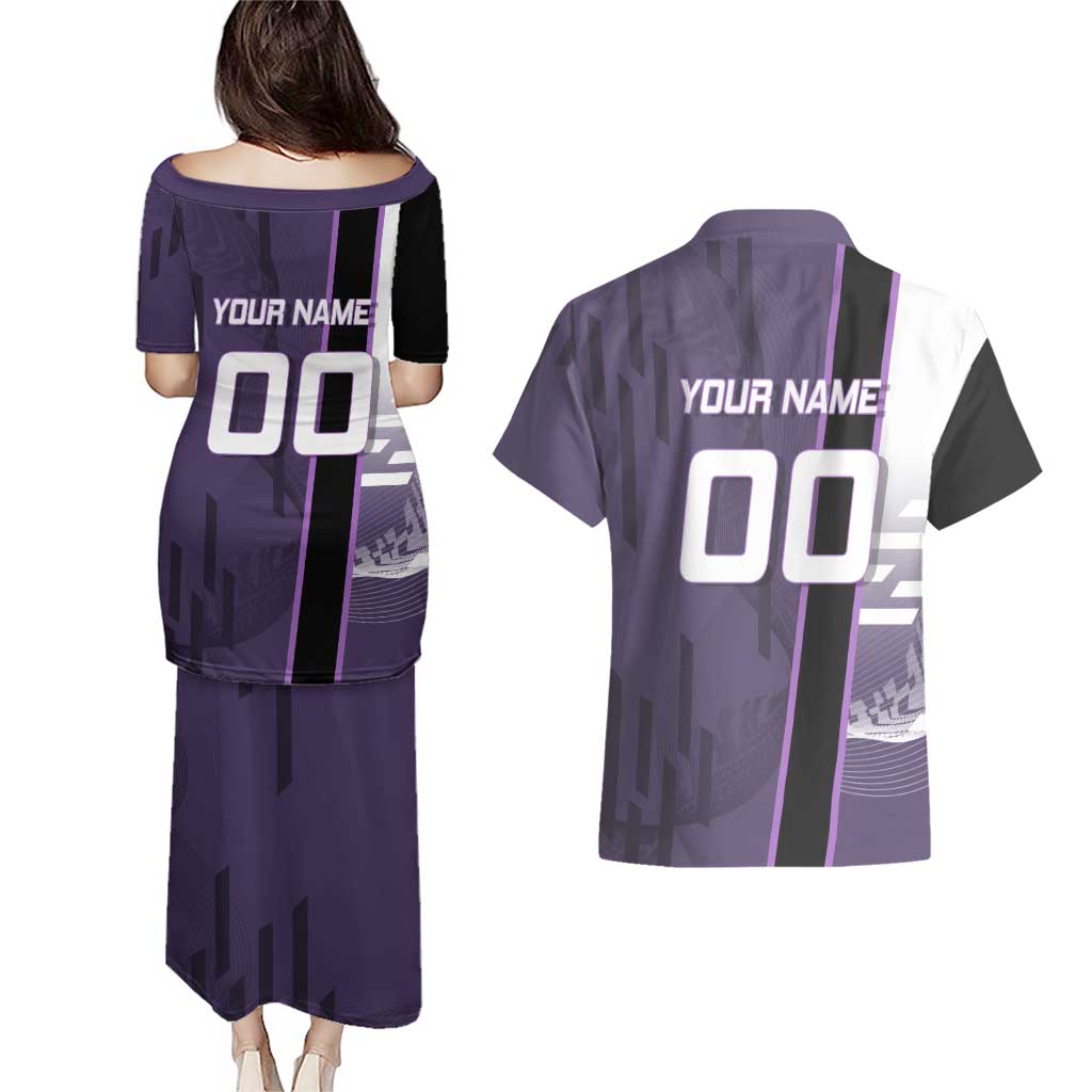 Personalized Shinazugawa Genya Demon Slayer Badminton Couples Matching Puletasi and Hawaiian Shirt with Racket Action Pose and Purple White Graphic Design - The Mazicc
