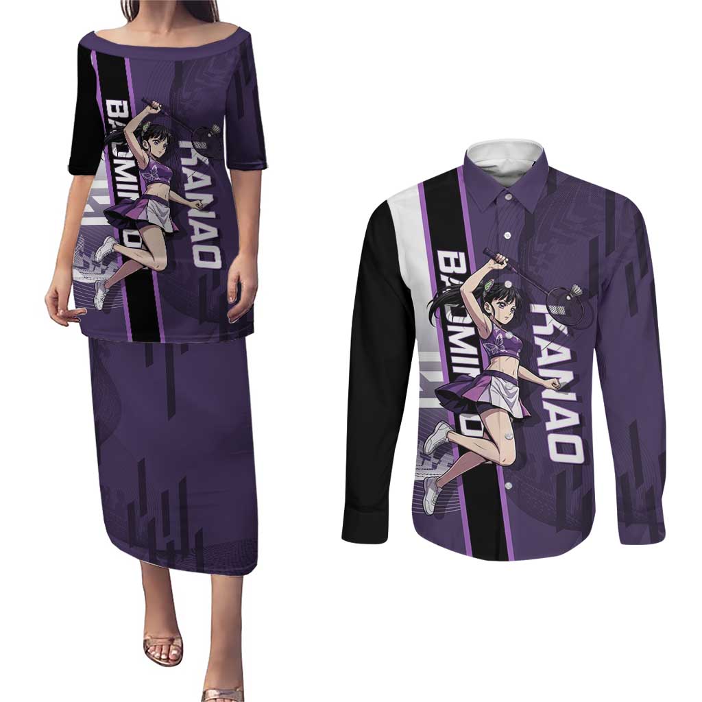 Personalized Shinazugawa Genya Demon Slayer Badminton Couples Matching Puletasi and Long Sleeve Button Shirt with Racket Action Pose and Purple White Graphic Design - The Mazicc