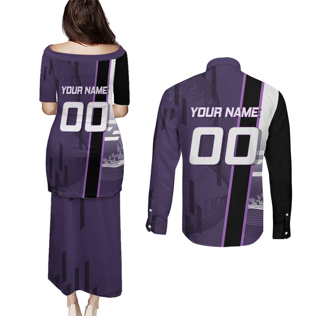 Personalized Shinazugawa Genya Demon Slayer Badminton Couples Matching Puletasi and Long Sleeve Button Shirt with Racket Action Pose and Purple White Graphic Design - The Mazicc