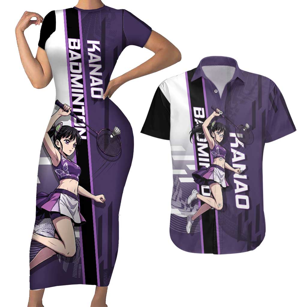 Personalized Shinazugawa Genya Demon Slayer Badminton Couples Matching Short Sleeve Bodycon Dress and Hawaiian Shirt with Racket Action Pose and Purple White Graphic Design - The Mazicc