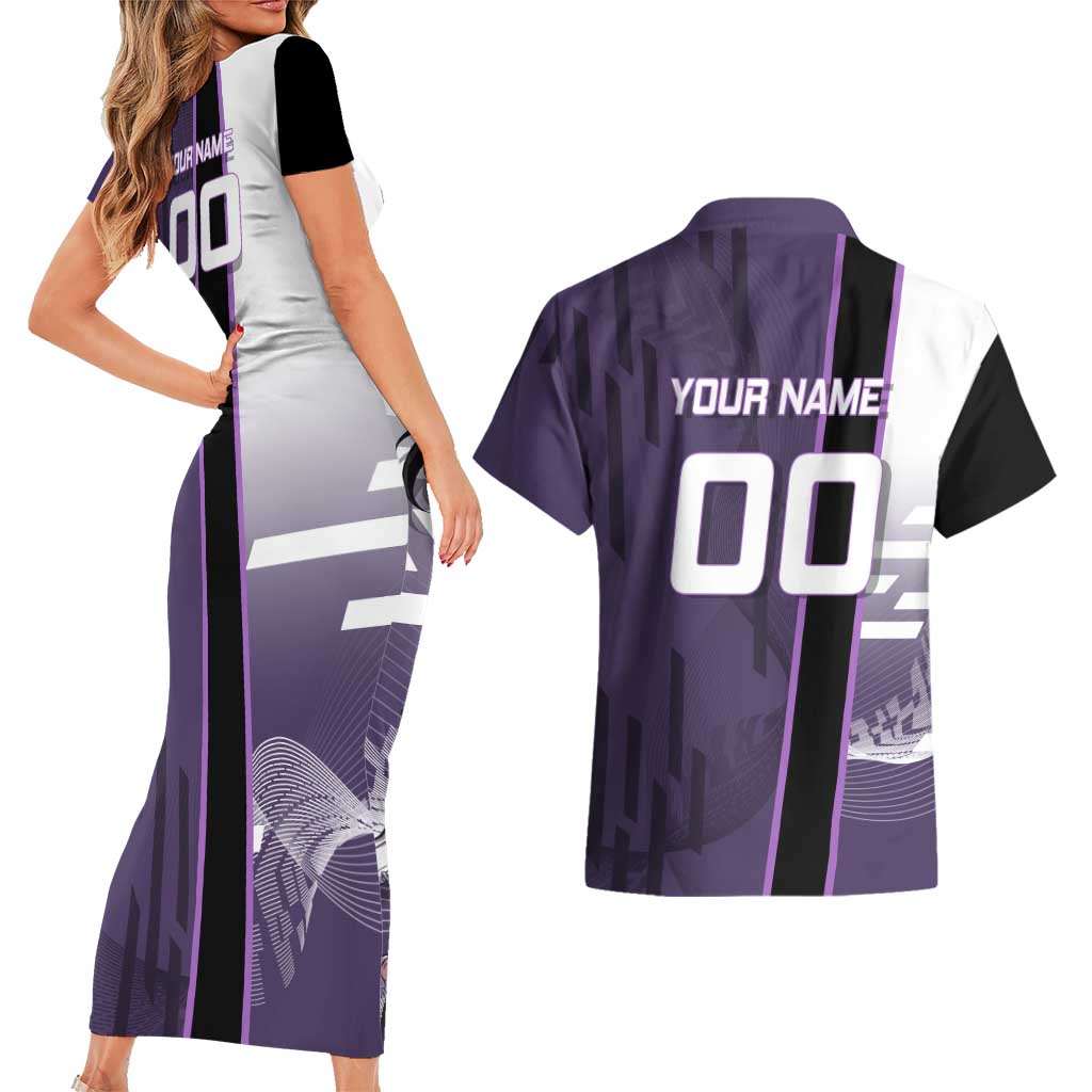 Personalized Shinazugawa Genya Demon Slayer Badminton Couples Matching Short Sleeve Bodycon Dress and Hawaiian Shirt with Racket Action Pose and Purple White Graphic Design - The Mazicc