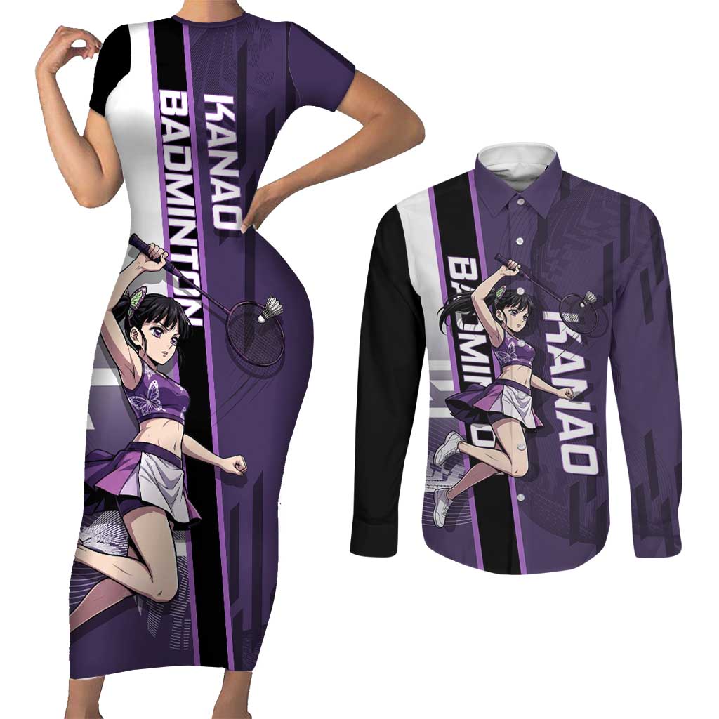 Personalized Shinazugawa Genya Demon Slayer Badminton Couples Matching Short Sleeve Bodycon Dress and Long Sleeve Button Shirt with Racket Action Pose and Purple White Graphic Design - The Mazicc