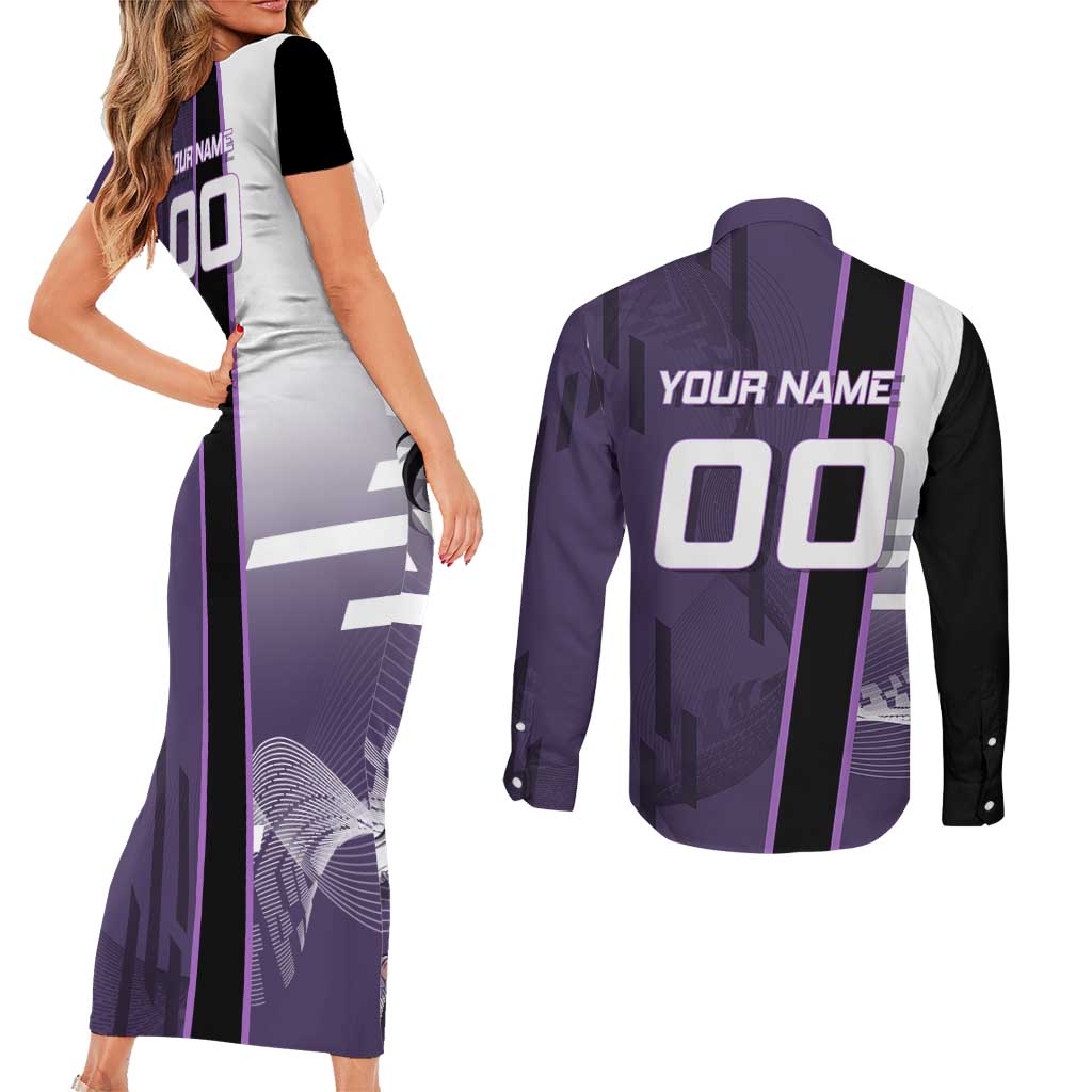 Personalized Shinazugawa Genya Demon Slayer Badminton Couples Matching Short Sleeve Bodycon Dress and Long Sleeve Button Shirt with Racket Action Pose and Purple White Graphic Design - The Mazicc